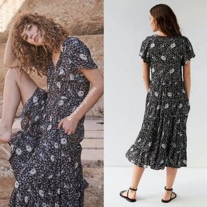 AUGUSTE THE LABEL Valentina Fiesta Midi Dress Floral Tiered Boho Metallic S